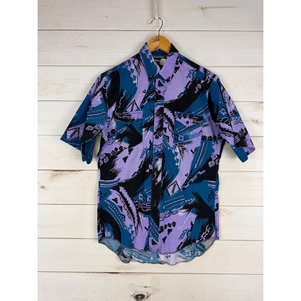 Vintage Wrangler Shirt Mens 15.5 Purple Cowboy Cut Western Geometric 90s USA